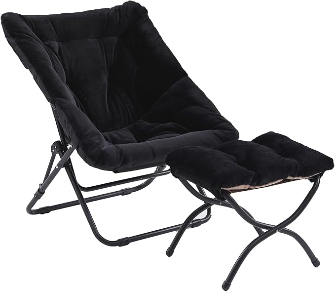 Givjoy Comfy Folded Chair with Ottoman, Oversized Folding Faux Fur Chair Soft Furry Lounge Lazy Chair with Metal Frame Moon Chair Accent Chair for Bedroom, Living Room, Dorm Rooms