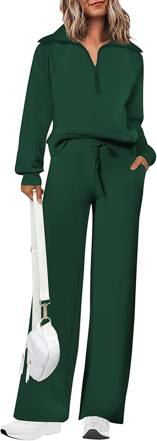 PRETTYGARDEN Women's 2 Piece Outfits Casual Lapel Half Zip Sweatshirts and Wide Leg Pants Tracksuit Sets