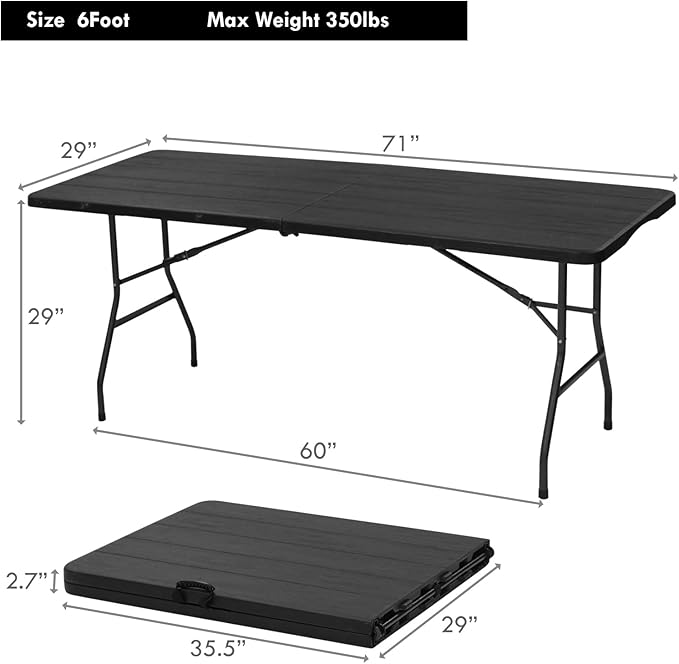 Plainsity 6ft Table, Foldable Table with Foldable, Easy to Carry, for Family Gatherings, Outdoor Gatherings, Indoor