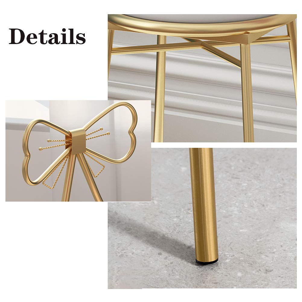 Gluck Plants Modern Makeup Vanity Stool, Cute Butterfly PU White Stool Ottoman Bench, Metal Legs Gold Dining Chair for Kitchen, Bedroom, Living Room