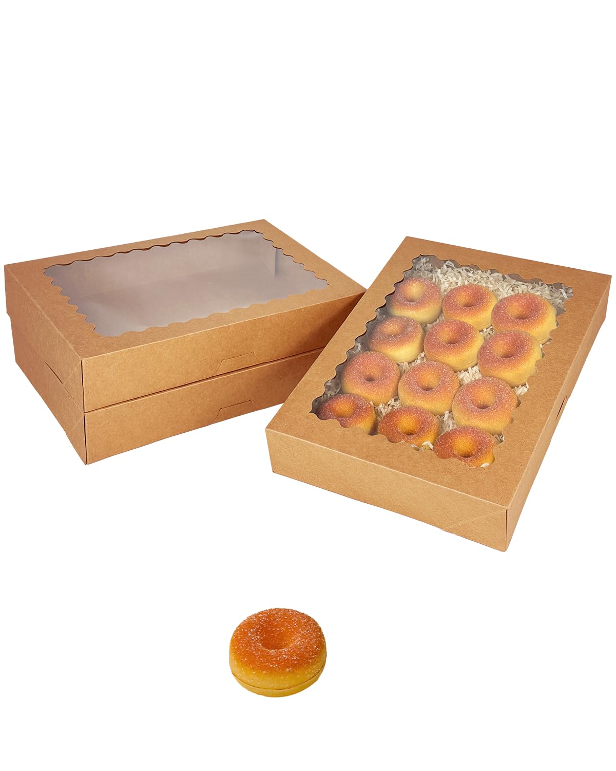 qiqee Auto-pop Up 14x10x2.5 Inch Brown Cookie Box with Window 15Pcs Pastry Macaron Bakery Box for Packaging
