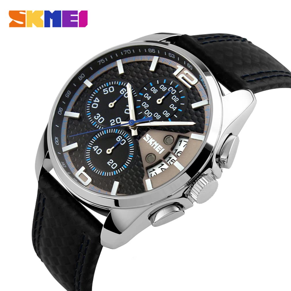 SKMEI Men Watches Black Leather Band Sports Large Big Face Luxury Waterproof Luminous Fashion Dress Casual Analog Quartz Chronograph Father Gifts Wrist Watch
