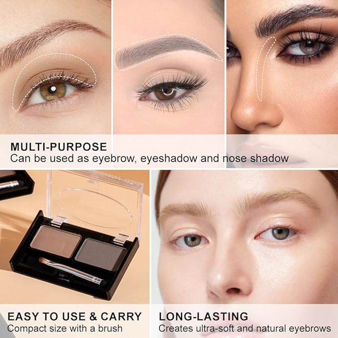 Eye Brow Powder for Women, Medium Brown Eyebrow Powder Kit with Double-ended Eyebrow Brush, Long-Lasting Waterproof Two Colors, Purse-Friendly Compact, Cruelty Free (Light Brown+Grey)
