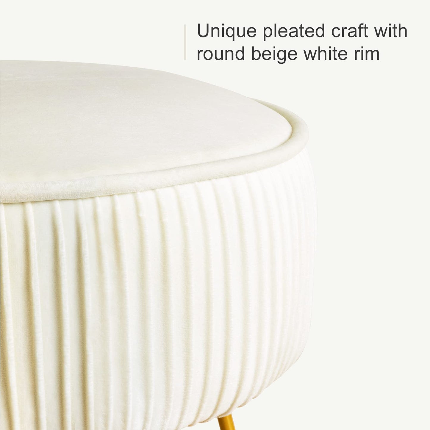 LUE BONA Pleated Vanity Stool, Velvet Upholstered Vanity Stool for Makeup Room, Round Stool for Vanity, Ottoman Footrest Stool with Metal Legs for Living Room, Bedroom, White