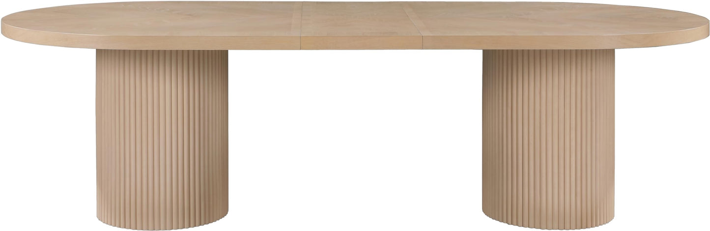 Meridian Furniture 725Oak-T Belinda Collection Mid-Century Modern Solid Wood White Oak Veneer Dining Table, Oval Design, Fluted Bases, 2 Leaves Included, 90"/106.5"/123" W x 47.5" D x 31" H, White