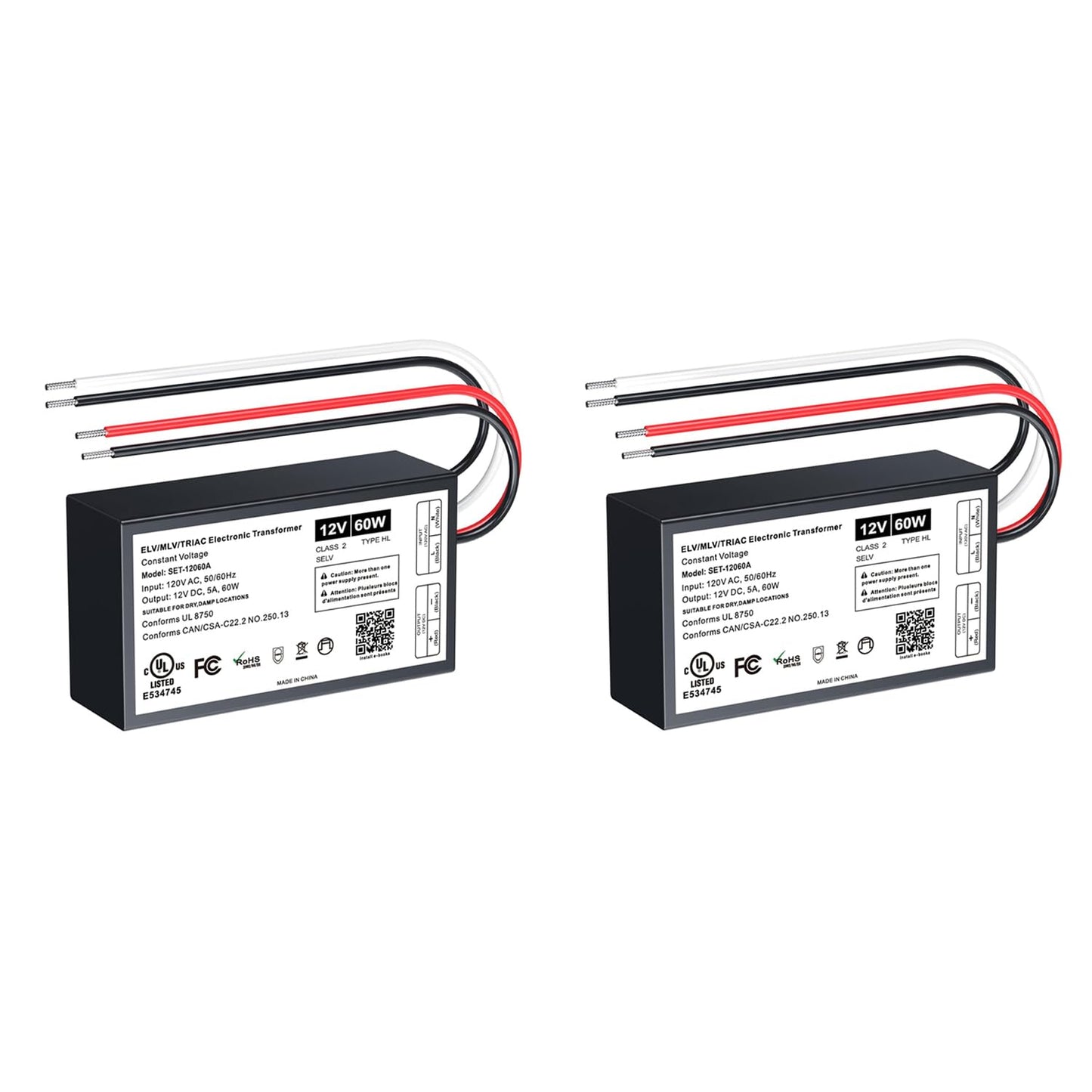 2 Pcs 60W Dimmable LED Driver, 12V Triac/ELV/MLV AC to DC Power Supply for LED Light, Halogen Bulb, LED Transformer Compatible with Lutron & Leviton Dimmer, for Indoor/Outdoor Use