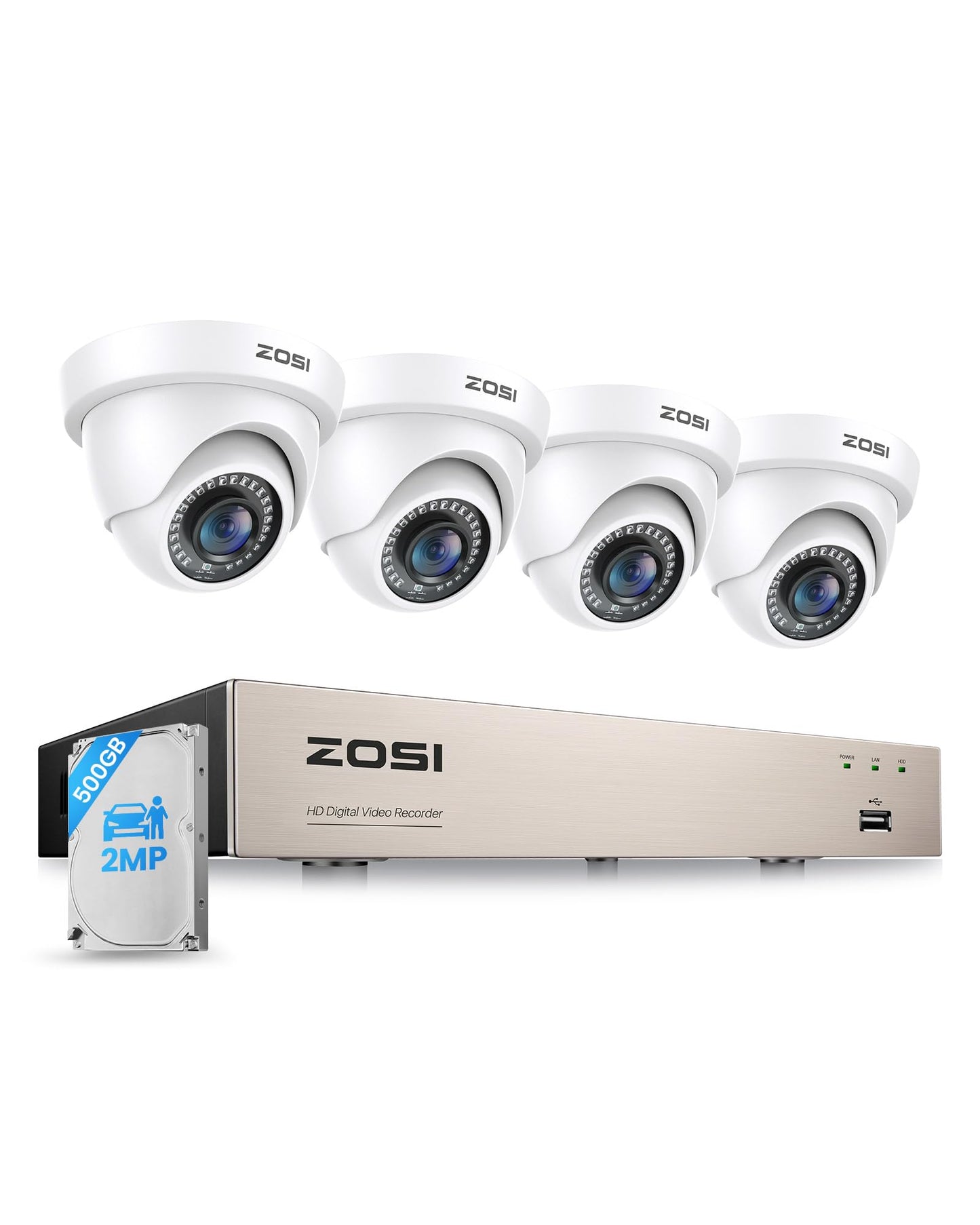 ZOSI 3K Lite 8CH Home Security Camera System with AI Person/Vehicle Detection, 4pcs 2MP Wired Dome Cameras Outdoor Indoor, Night Vision, H.265+ 8Channel DVR with 500GB Hard Drive for 24/7 Recording