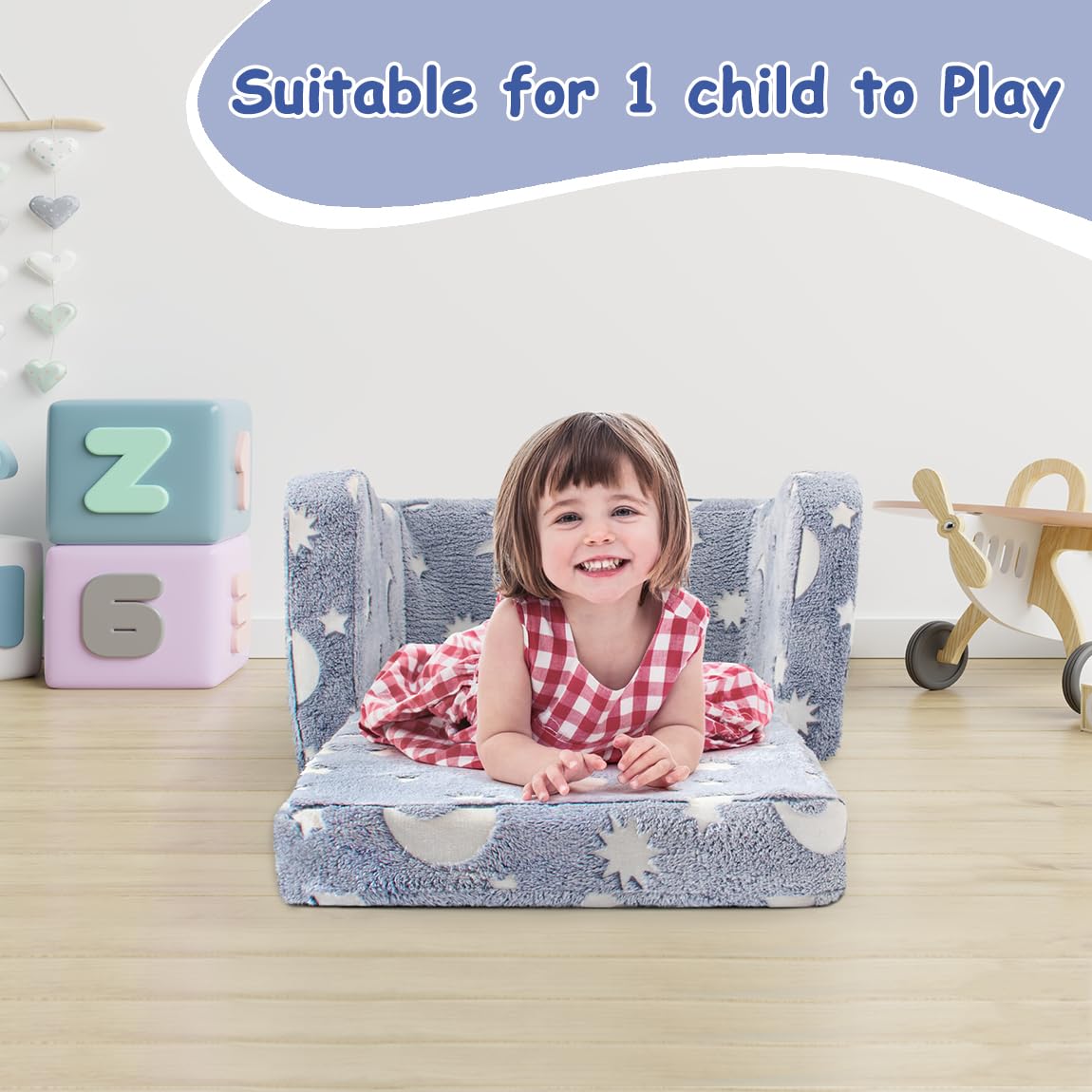 snow mini Kids Toddler Chair, 2-in-1 Toddler Couch Fold Out, Convertible Chairs for Toddlers Comfy Sofa to Lounger with Glow in The Dark Feature, Soft for Girls and Boys