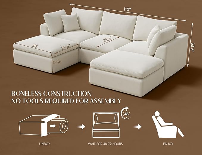 ohllob 110" Cloud Sectional Couches for Living Room, Boneless U Shaped Couch with Ottoman, 3 Seater Modular Sectional Sofa, Warm White