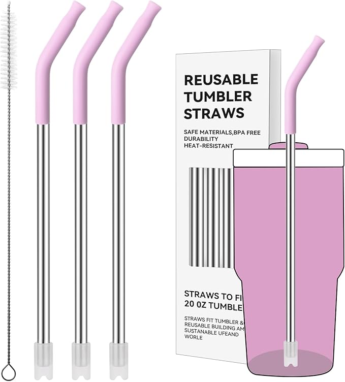 Reusable Metal Straws with Silicone Tip for Stanley 20oz,Stainless Steel Drinking Straws for 20oz Tumbler,3 Straight Tubes & 6 Tips& 1 Cleanr Brush(Lilac)