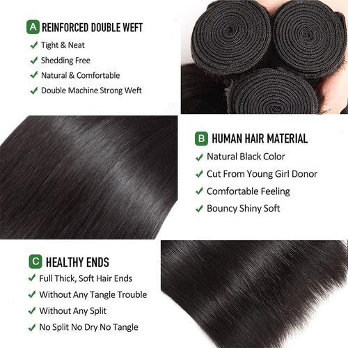 Human Hair Bundles Straight Hair 20 22 24 Inch 3 Bundles Human Hair 100% Unprocessed Brazilian Remy Virgin Hair Extensions Sew In Hair Bundles Natural Black