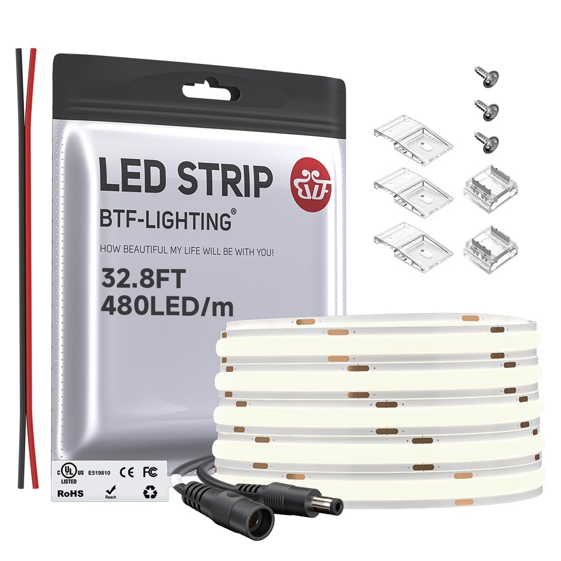 BTF-LIGHTING FCOB COB LED Strip Flexible High Density Uniform Light 9W/m 32.8FT DC24V Daylight White 5000K 480LEDs/m CRI 90+ 8mm Width Dimmable LED Ribbon for Indoor Decor(No Adapter or Controller)