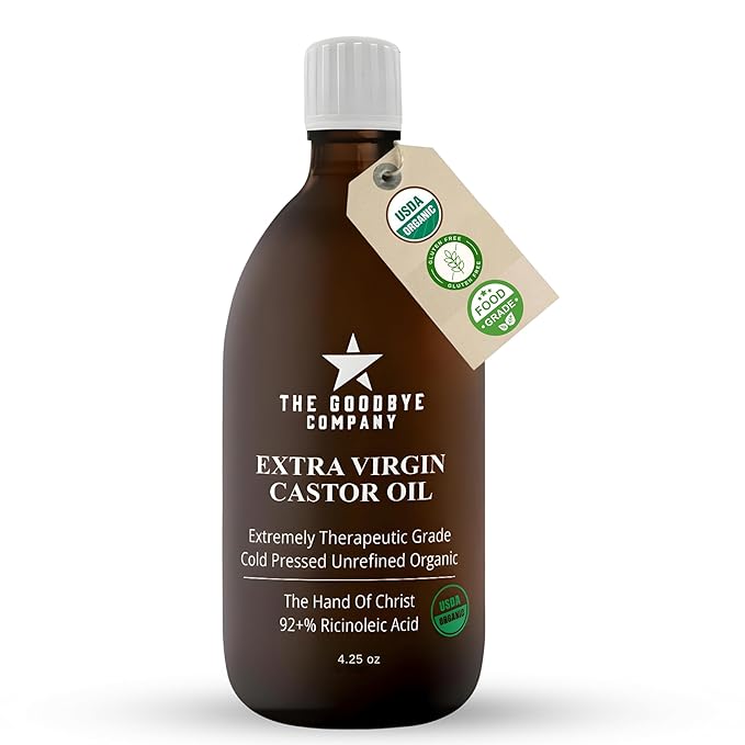 The Goodbye Company Organic Castor Oil for Hair, Skin & Eyelashes – 100% Pure, Cold-Pressed, Hexane-Free, Unrefined – Nourishing Beauty & Wellness Oil in Dark Glass Bottle – 4.25oz