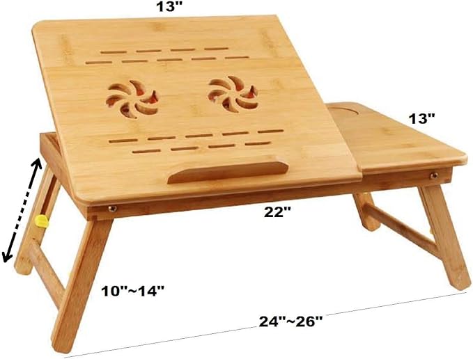 Easy Desk Bamboo Laptop Desk Laptop Table with USB Cooling Fan Adjustable Portable Breakfast Serving Bed Tray Foldable and Drawer, 22” Tilting Tray Top Surface