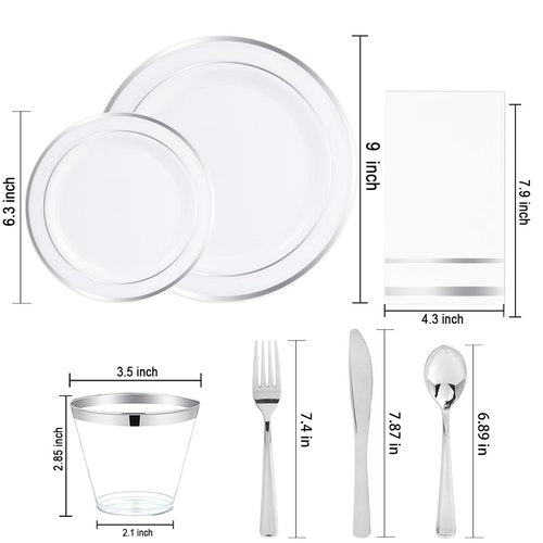 NOCCUR 700PCS Silver Plastic Plates Disposable for 100 Guests - Include 100 Dinner/Dessert White Plastic Plates with Silver Trim,300 Cutlery,100 Cups,100 Napkins for Party&Christmas