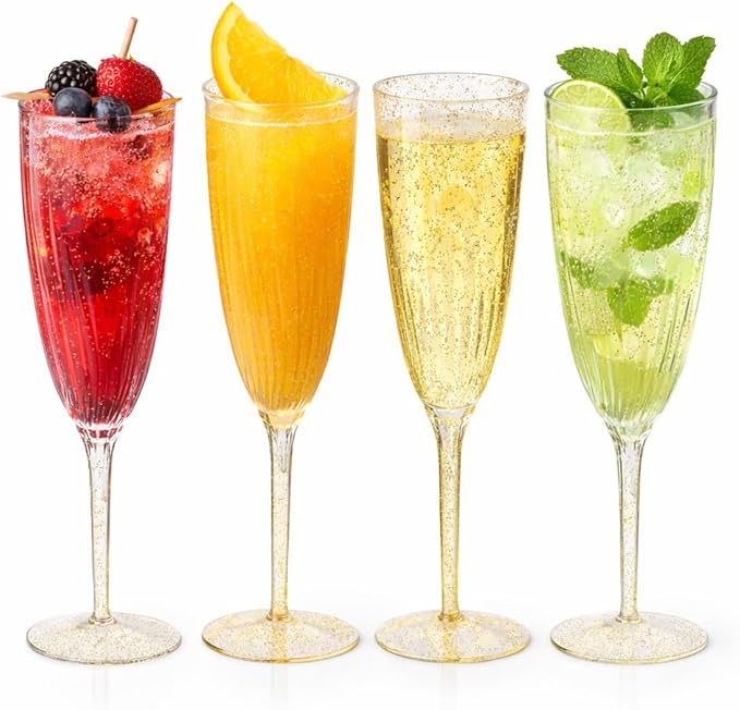 Oojami 6 Oz Gold Glitter Plastic Champagne Glasses 24 Pack Hard Disposable Plastic Champagne Flute Ideal for Home Daily Li...