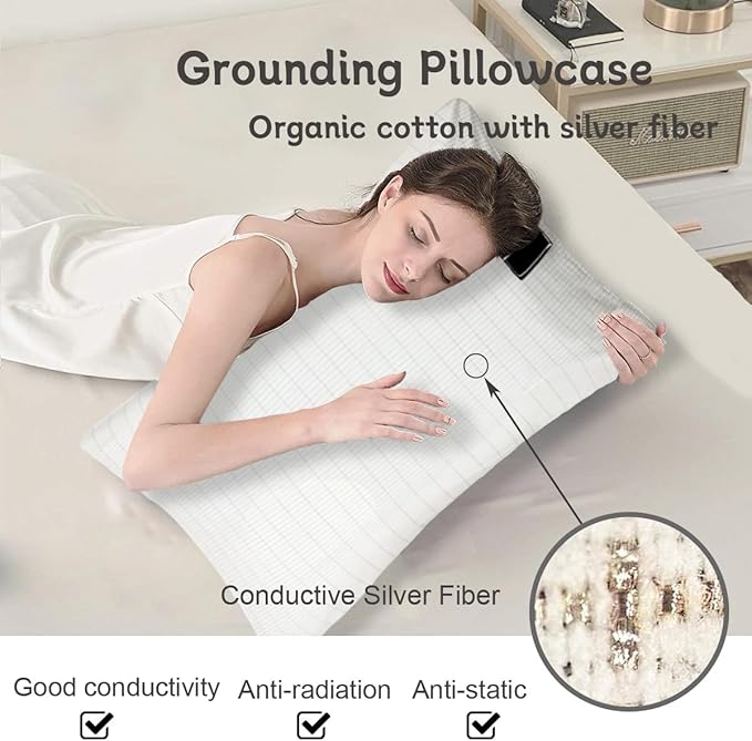 Grounding Pillowcase with Grounding Cord, Grounding Pillowcase Queen Contains Silver Fibers, Conductive Cotton Grounding Pillow Case, Improve Sleep, Relieve Pain (20x30IN, White)