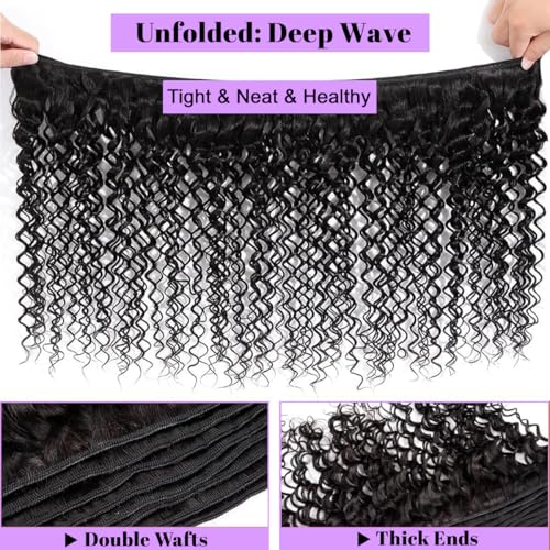 Deep Wave Human Hair Bundles 16 18 20 Inch Deep Wave Bundles 100% Unprocessed Brazilian Virgin Hair 3 Bundles Curly Bundles Hair Extensions Real Human Hair Wavy Quick Weave Bundles Natural Black