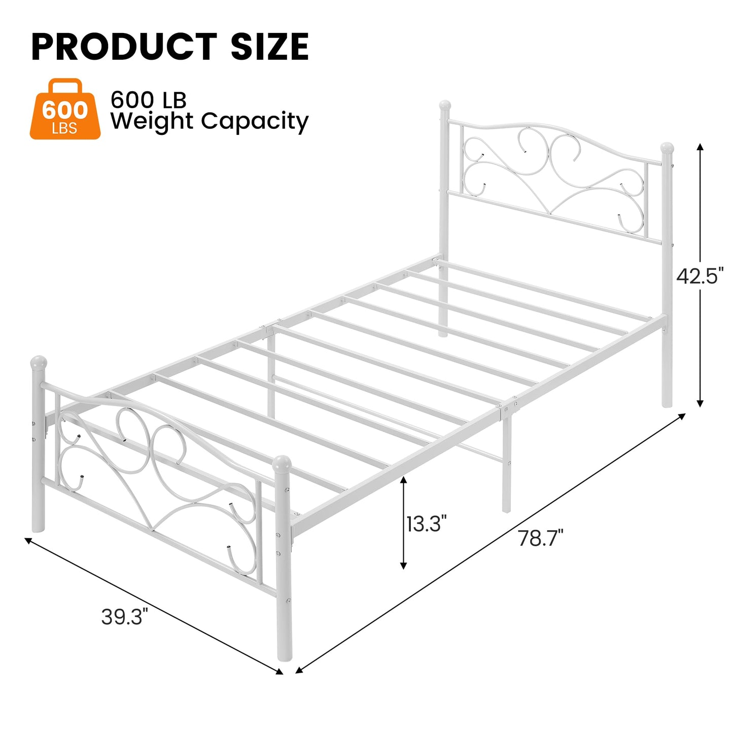 Garvee Twin Bed Frames, Twin Size Bed Frame with Headboard, Heavy Duty Mattress Foundation with Steel Slats Support, No Box Spring Needed, White