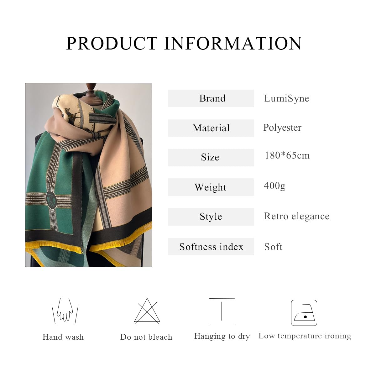 LumiSyne Winter Scarf Cashmere Shawl Women Color Blocked Horse Pattern Reversible Scarf With Tassel Pashmina Shawls And Wraps