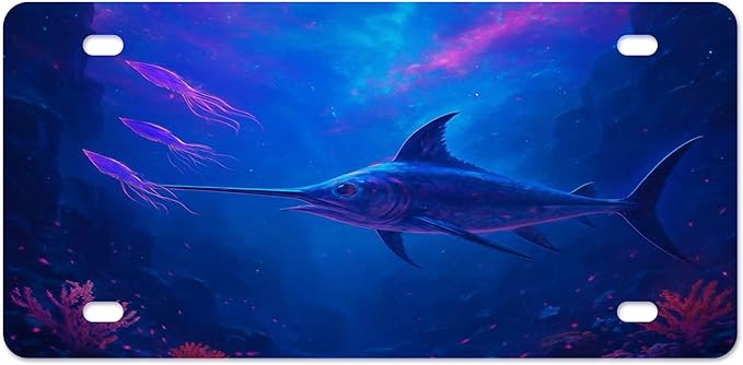 Ink Trendz Underwater Adventure Swordfish Fishing Art Vanity Plate, Man Cave Art, 6 x 12 inches Big game Fishing Neon Plates