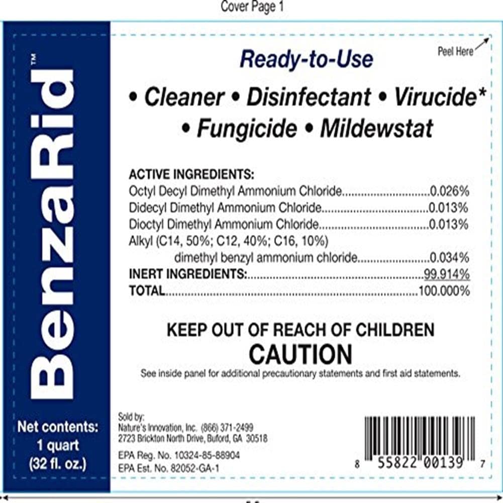 BenzaRid Hospital Disinfectant Virucide Spray Kills 99.99% of MRSA, COVID-19, H5N1, Staph, Avian Flu, Bacteria & Mold | EPA Reg. for Medical, Dental, Veterinary, Farm & Home Use 32 oz