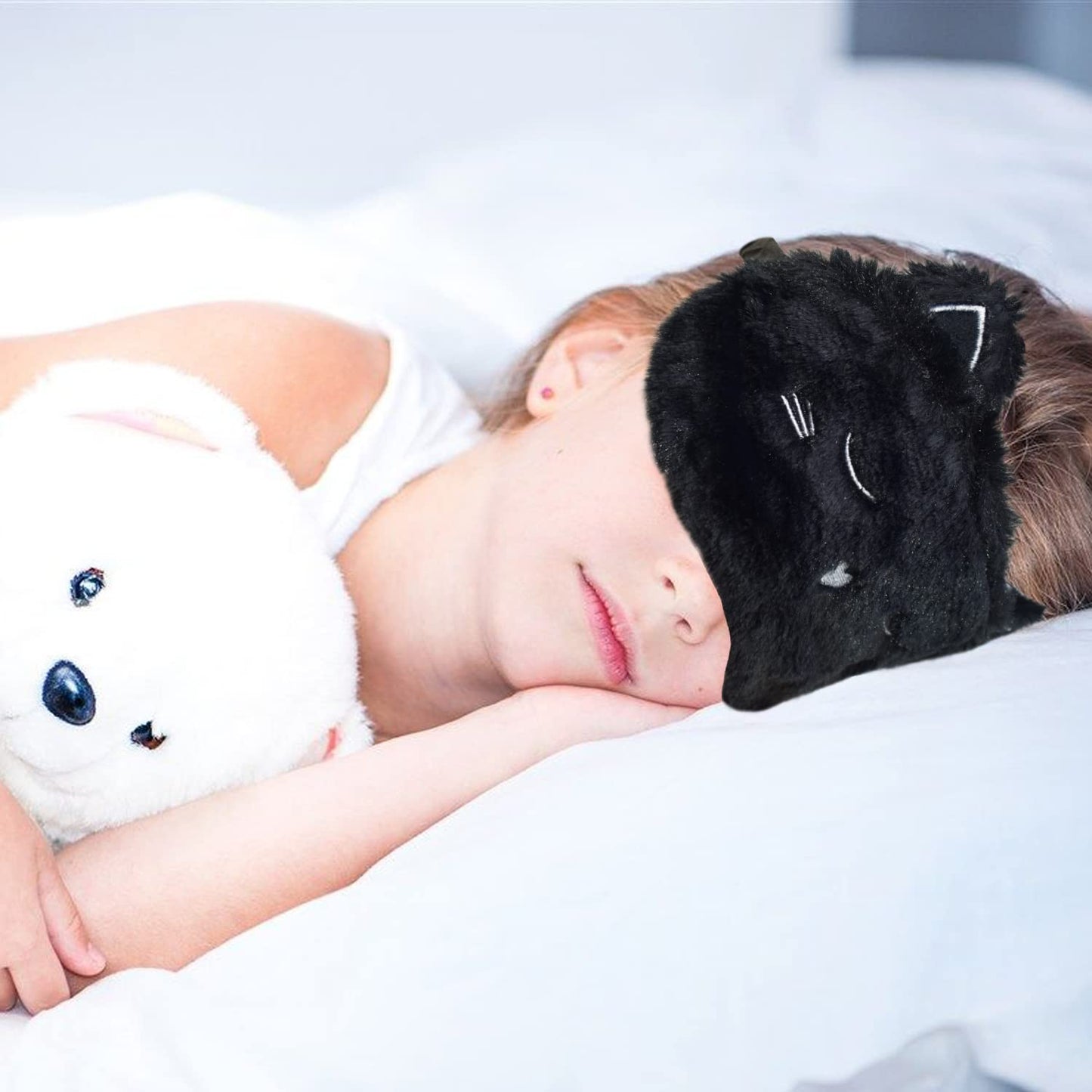 Ulbemoll Cute Sleeping Mask, Black Cat Soft Plush Fluffy Sleep Mask Men Cartoon Kittens Blindfold Novelty Eye Cover Eyeshade Shade for Kids Girls and Adult Travel (Black, Cat)