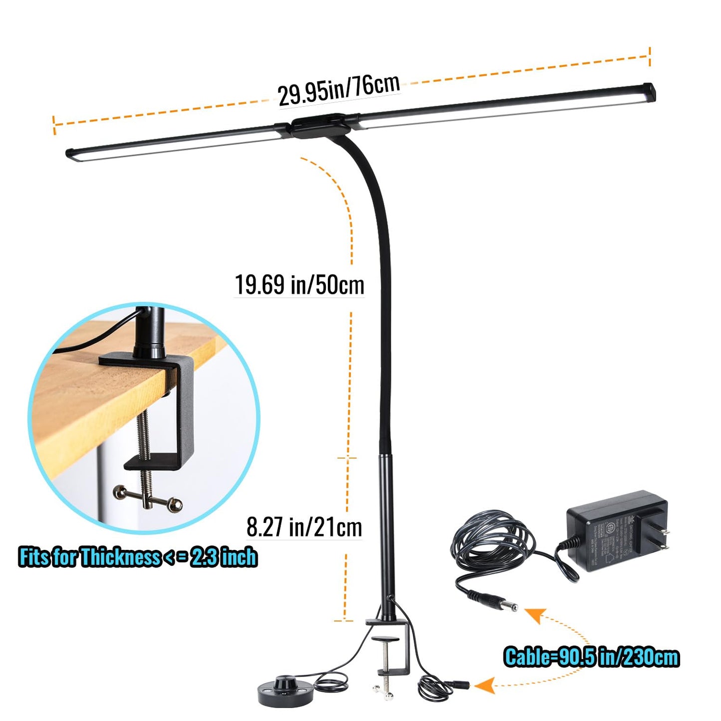 CeSunlight LED Desk Lamp with Two Heads, Clamp On Desk Lamps, 24W, 4000 LMS, CRI>90, 5 Color Modes (2600K-6500K), 10 Brightness Levels, Adapter Included