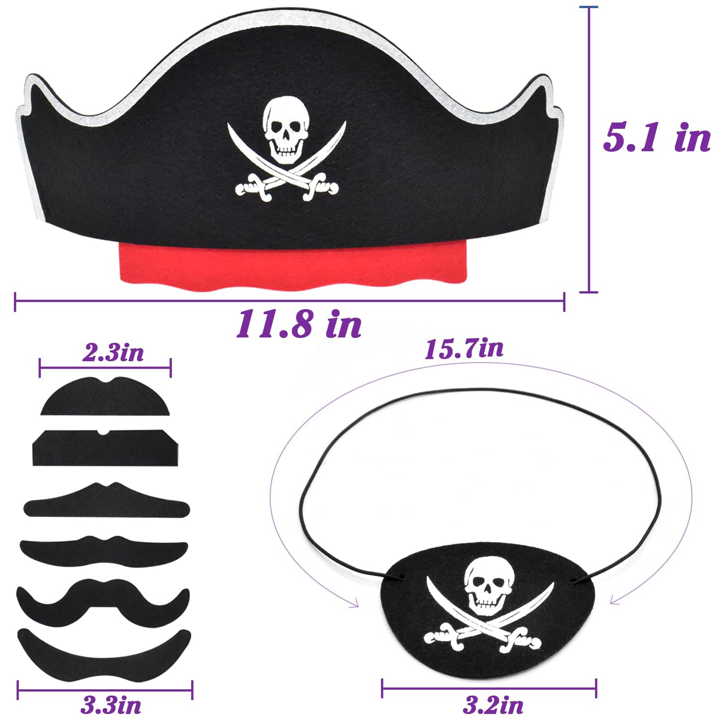 Halatool Pirate Hat Set for Kids, 36 Pcs Felt Pirate Hat, Skull Print Eye Patches, Fake Mustaches - Pirate Party Favors for Halloween, Masquerade, Cosplay