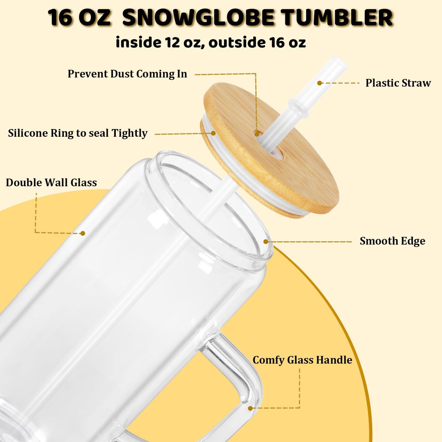 Maucircol 16 Oz Snow Globe Tumbler With Handle, Pre-Drilled Double Wall Snow Globe Glass Cup For Glitter, 4 Pack
