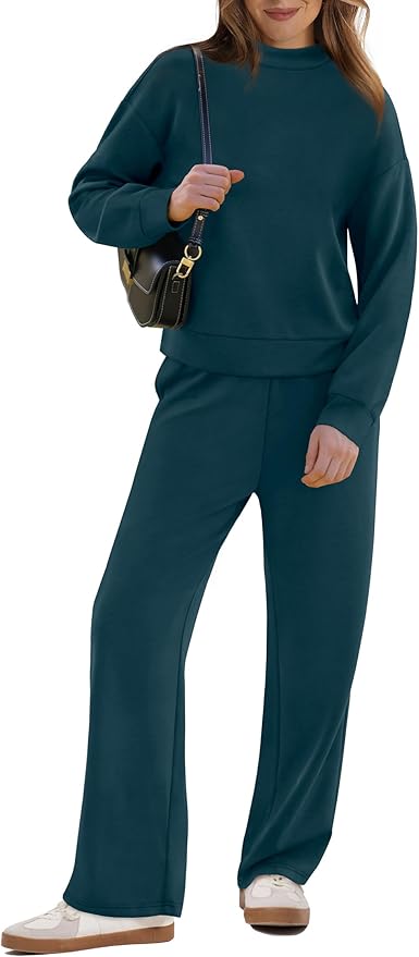 WIHOLL Two Piece Sets for Women Fall Outfits Lounge Sets Mock Neck Tops Wide Leg Pants Vacation Travel Airport Outfits