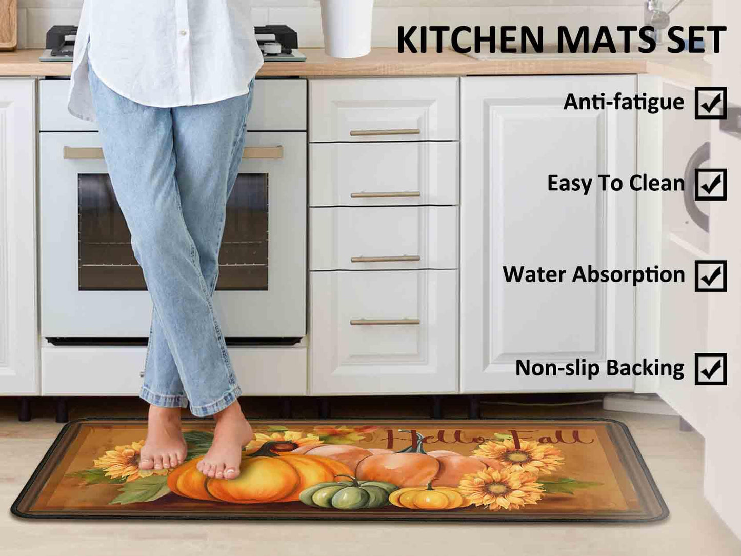 Noulmea Hello Fall Pumpkin Decorative Kitchen Rugs Set of 2,Thanksgiving Autumn Pumpkin Front Door Mat Floor Rug for Fall Home Holiday Party Decor 17"x47"+17"x30"