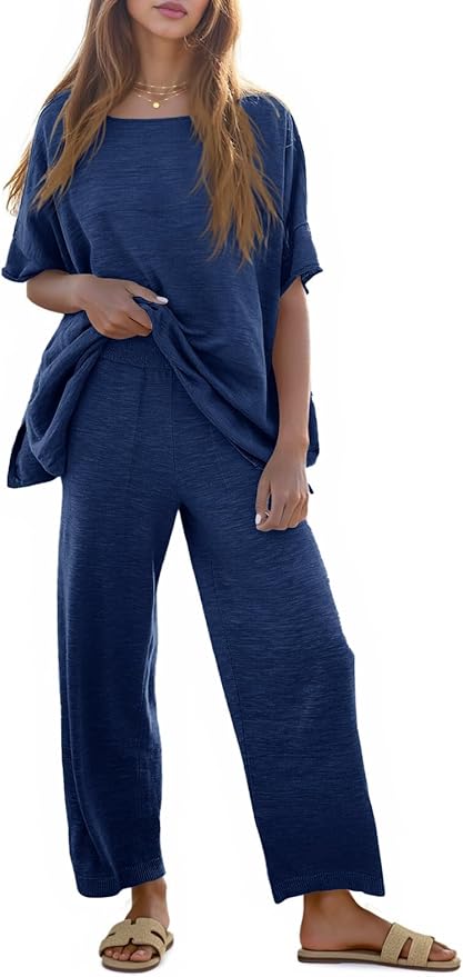 Tankaneo Women's 2 Piece Travel Outfits Casual Short Sleeve Knit Sweater Set Wide Leg Pants Lounge Sets Tracksuit