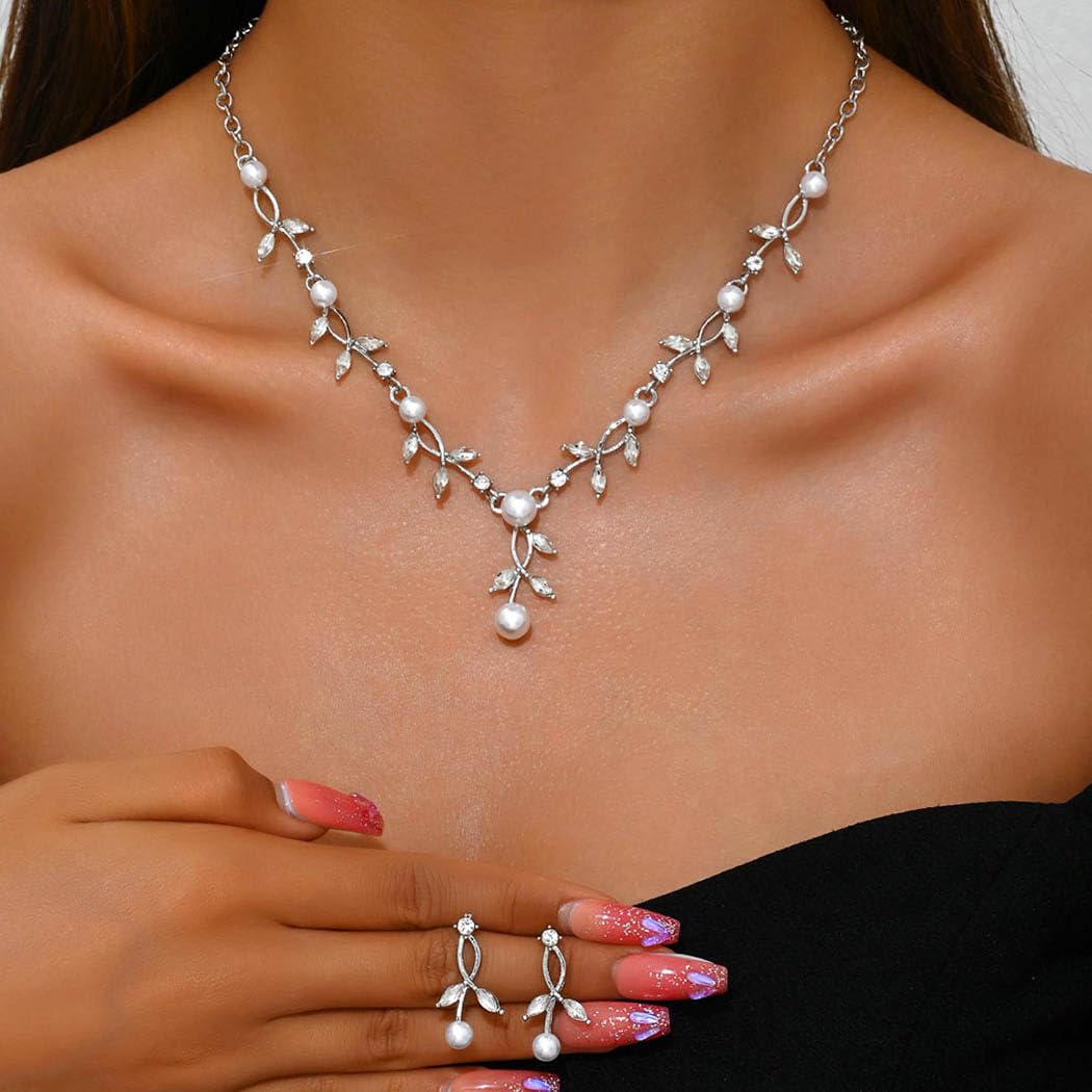Unicra Silver Pearl Necklace Earrings Sets Rhinestone Bridal Wedding Jewelry Set Formal Prom Costume Jewelry Sets for Women and