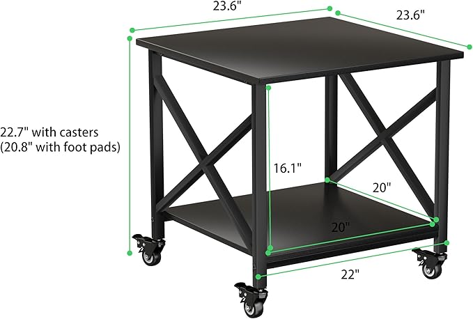 TQQDCI Printer Stand, 23.6 x 23.6 Inches Large Printer Stand with Storage Shelf, 2 Tier Printer Table for Home Office, Rolling Printer Cart with Industrial Wheels, Mini Fridge Stand Table, Black