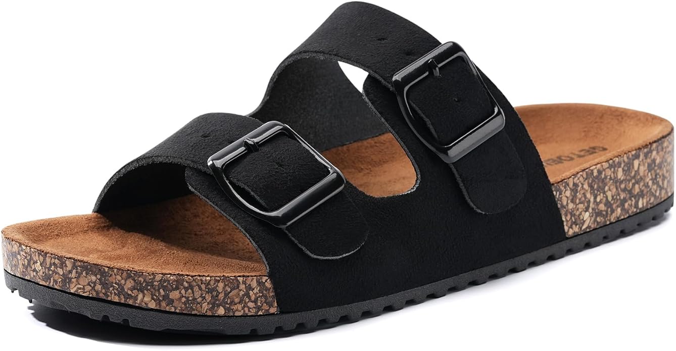 GETOEU Women Cork Sandals Adjustable Buckle Strap Cork Footbed Sandal Arch Support Casual Slip‑On Outdoor Slide Sandals