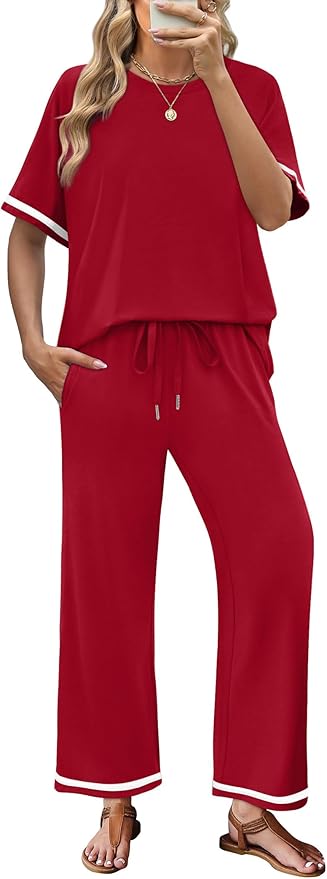 SAMPEEL 2 Piece Sets for Women Casual Summer Travel Vacation Outfits Short Sleeve Lounge Set