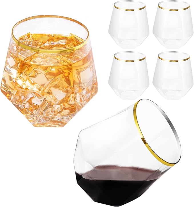 LUODA Gold Diamond Shaped Plastic Stemless Wine Glasses Set of 24, Disposable 12 Oz Gold Plastic Whiskey Glasses for Birth...