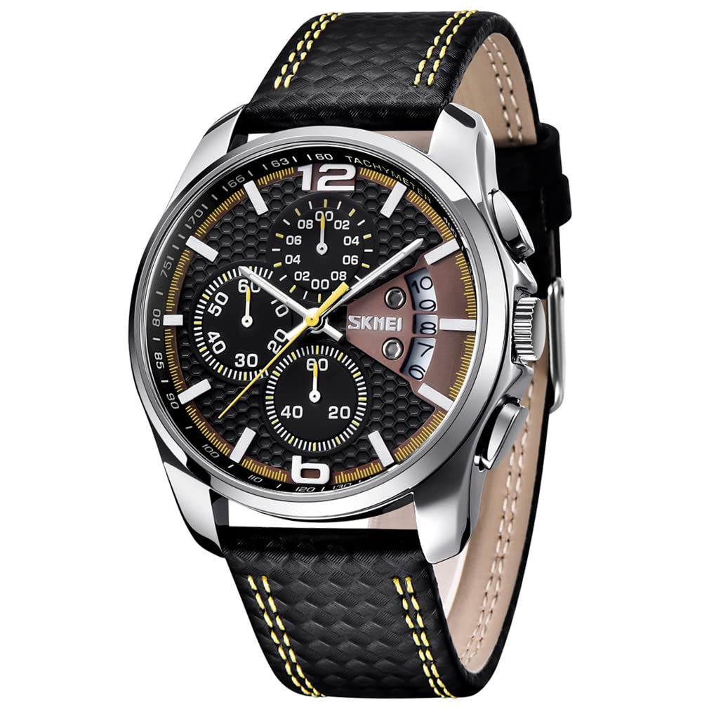 SKMEI Men Watches Black Leather Band Sports Large Big Face Luxury Waterproof Luminous Fashion Dress Casual Analog Quartz Chronograph Father Gifts Wrist Watch
