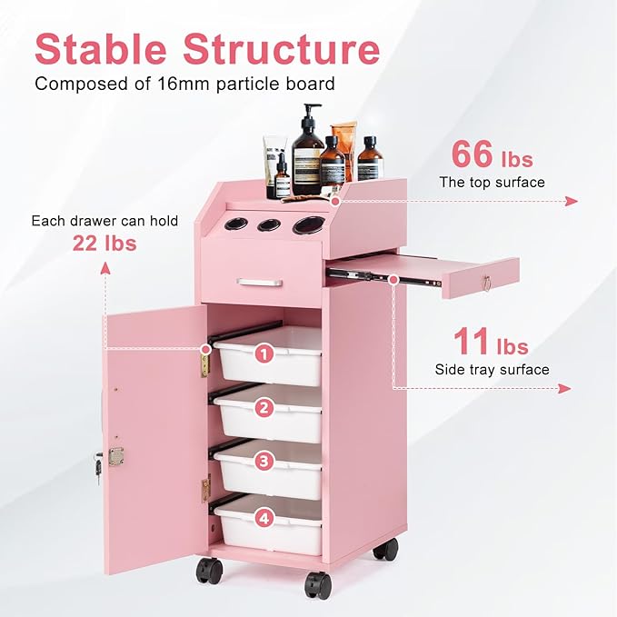 Winado Hair Salon Storage Cart with Wheels & 3 Hair Dryer Holders & 4 Drawers & Lock & 2 Keys, Hairdressing Tools Station Mobile Makeup Case, SPA Utility Trolley (Pink)
