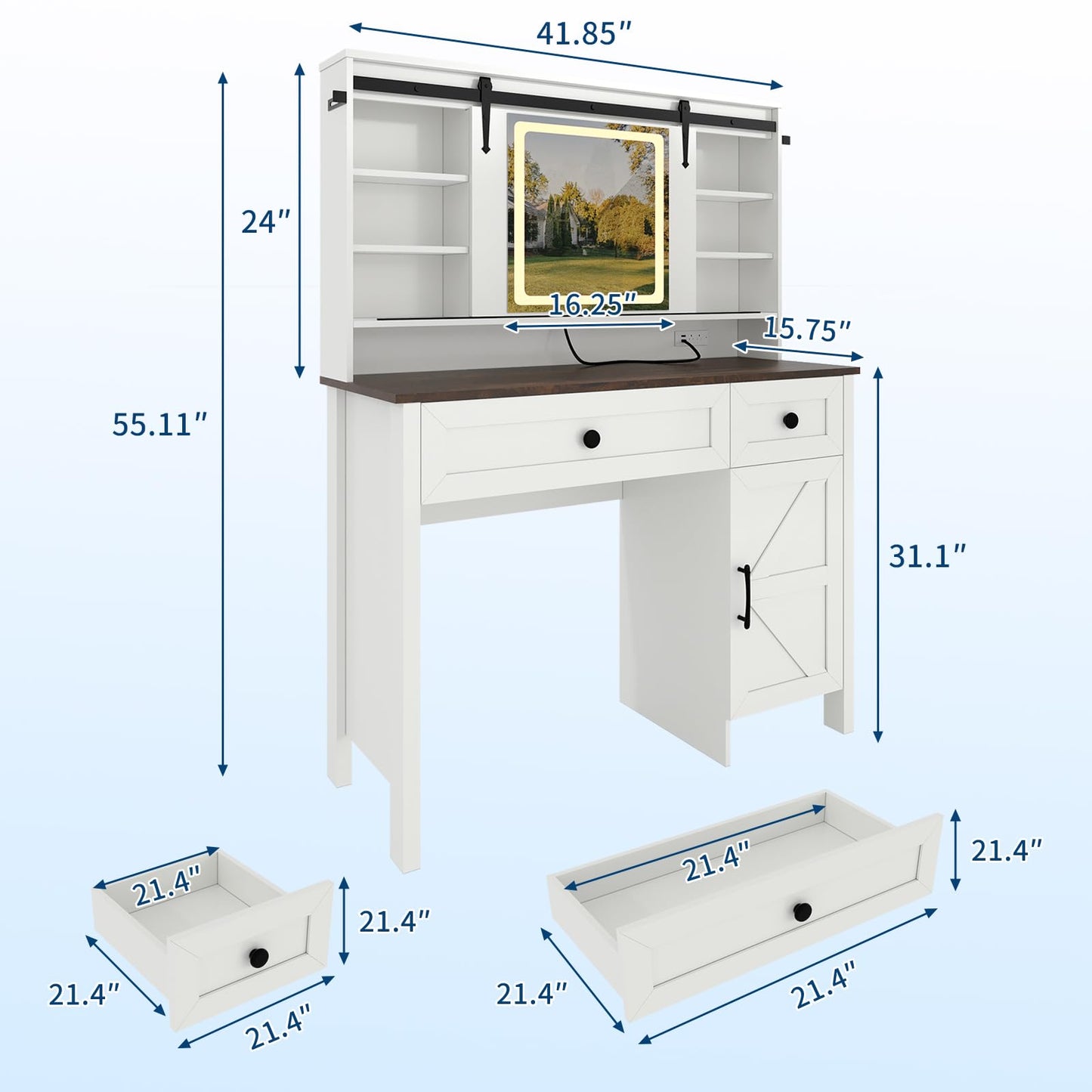 Garvee Vanity Desk with LED Lighted Mirror & Power Outlet, Makeup Table with 3 Drawers, Cabinet & Storage Stool, Dressing Table with Shelves for Bedroom, White