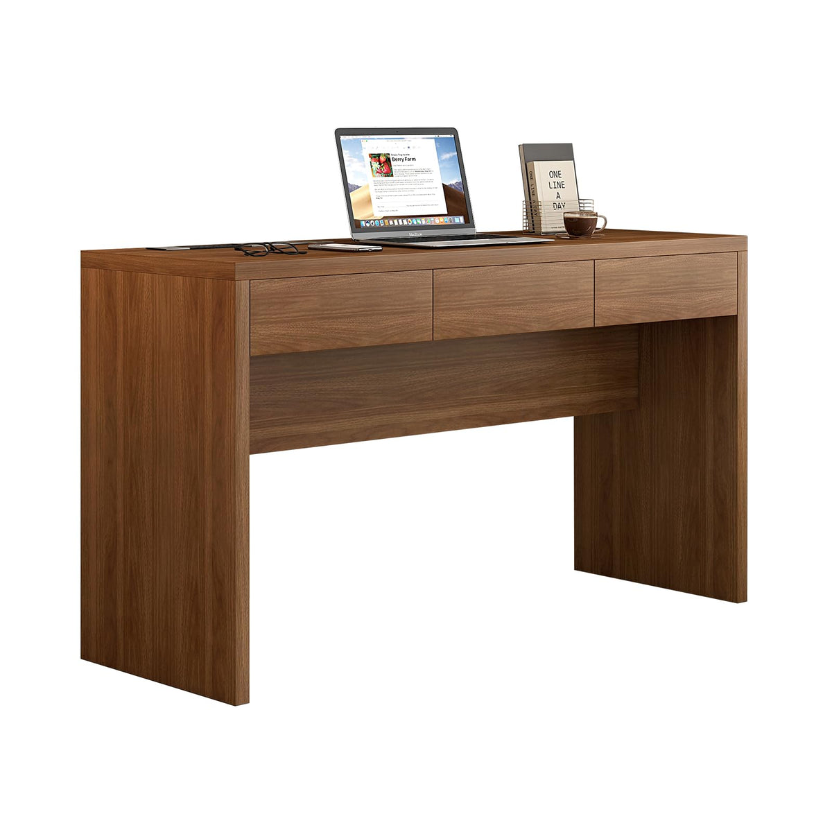 Messenya 55-Inch Office Desk with Pull-Out Outlet, Computer Desk with 3 Sturdy Drawers, Writing/Gaming/Work/Study Desk for Bedroom, Living Room & Home Office, Brow (Brown, 55)