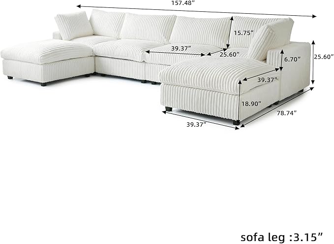 Cloud Couch Modular Sectional Sofa,157" Oversized U Shaped Couch with Ottoman,6 Seater Convertible Sofa,Comfy Plush Couches for Living Room,Covers Washable&Replaceable (White)