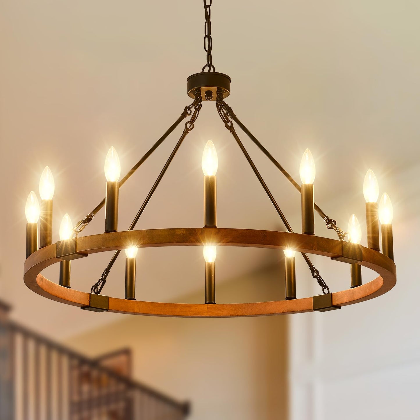 VBKK 32'' Solid Wood Wagon Wheel Chandelier, 12-Light Farmhouse Chandeliers for Dining Room, Round Rustic Light Fixtures for Foyer Living Room Kitchen Island Entryway, E12