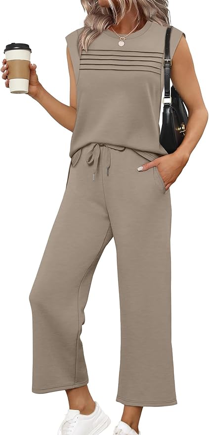 WIHOLL 2 Piece Sets for Women Summer Lounge Sets Travel Vacation Outfits Cap Sleeve Sweatsuit Side Slit Wide Leg Pants S-3XL