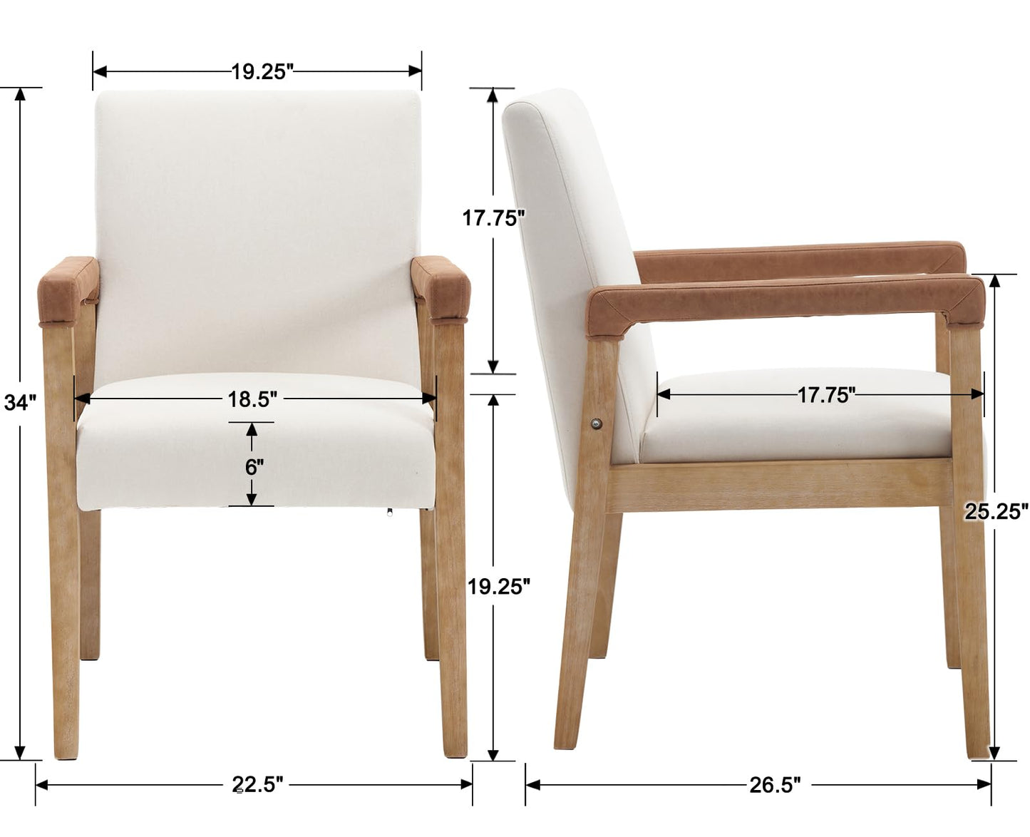 Kmax Modern Dining Chairs Set of 2 Linen Fabric Kitchen Arm Chairs Upholstered Accent Chairs with Wooden Legs for Dining Room, Living Room, Bedroom, White