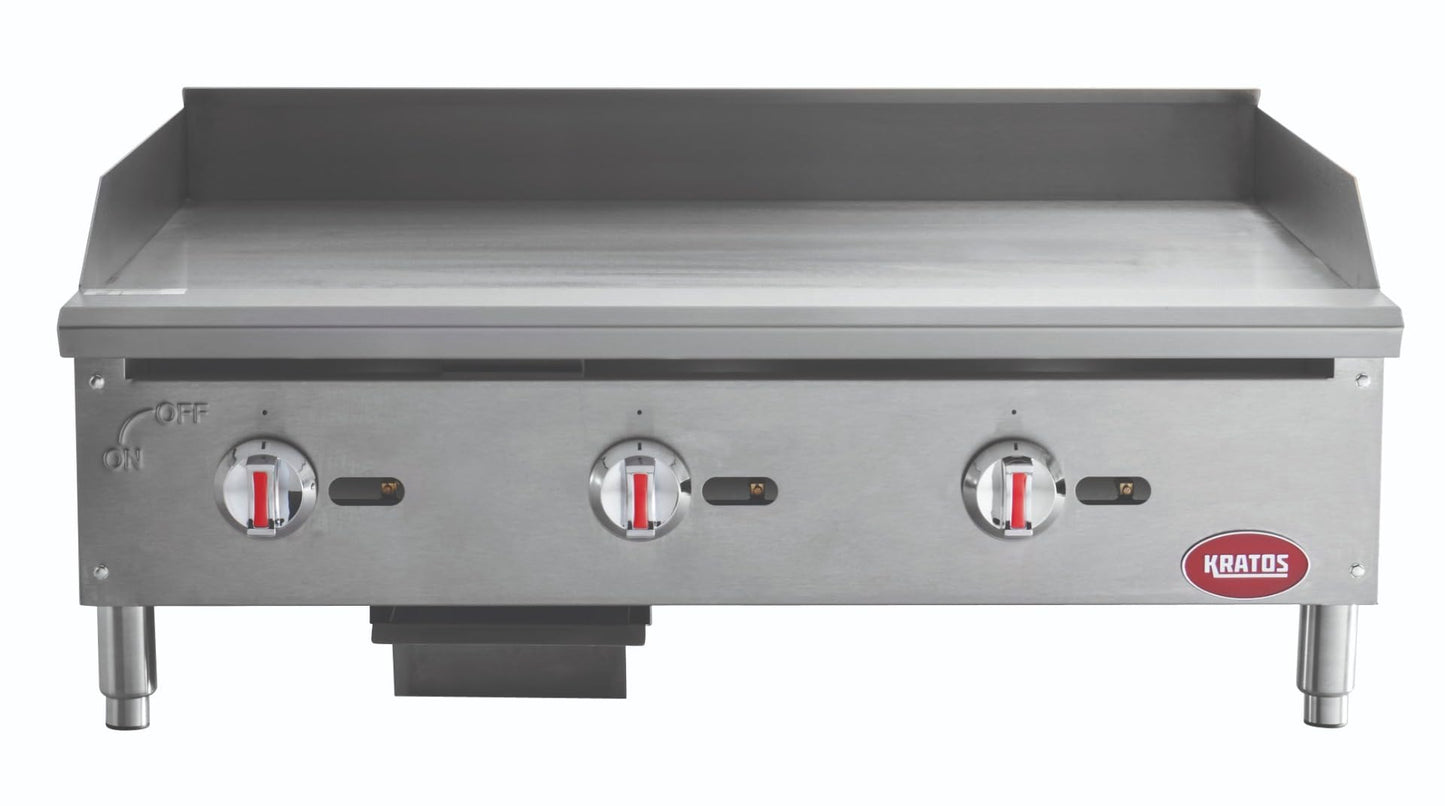 Kratos 36" Wide Commercial Countertop Griddle, Gas Hot Plate for Restaurants, Manual Controls, 3 Independent Burners, Powerful 90,000 BTU Output (29Y-005)