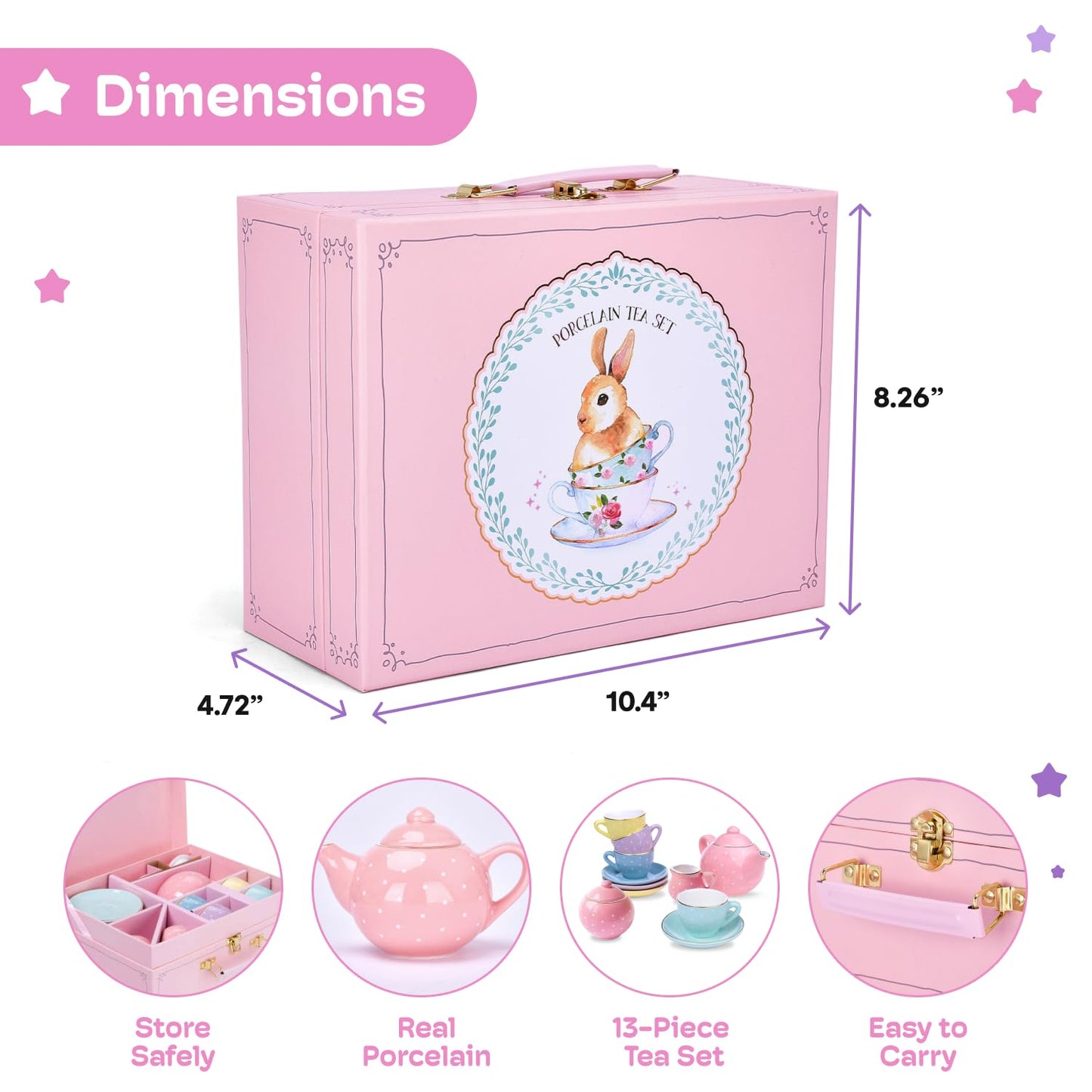 Jewelkeeper 13 Pieces Porcelain Tea Set for Little Girls with Pastel Picnic Basket - Mini Toddler Tea Sets for Girls 2 and Up - Real Cups, Teapot, and Saucers - Children Playset - Polka Dots Design