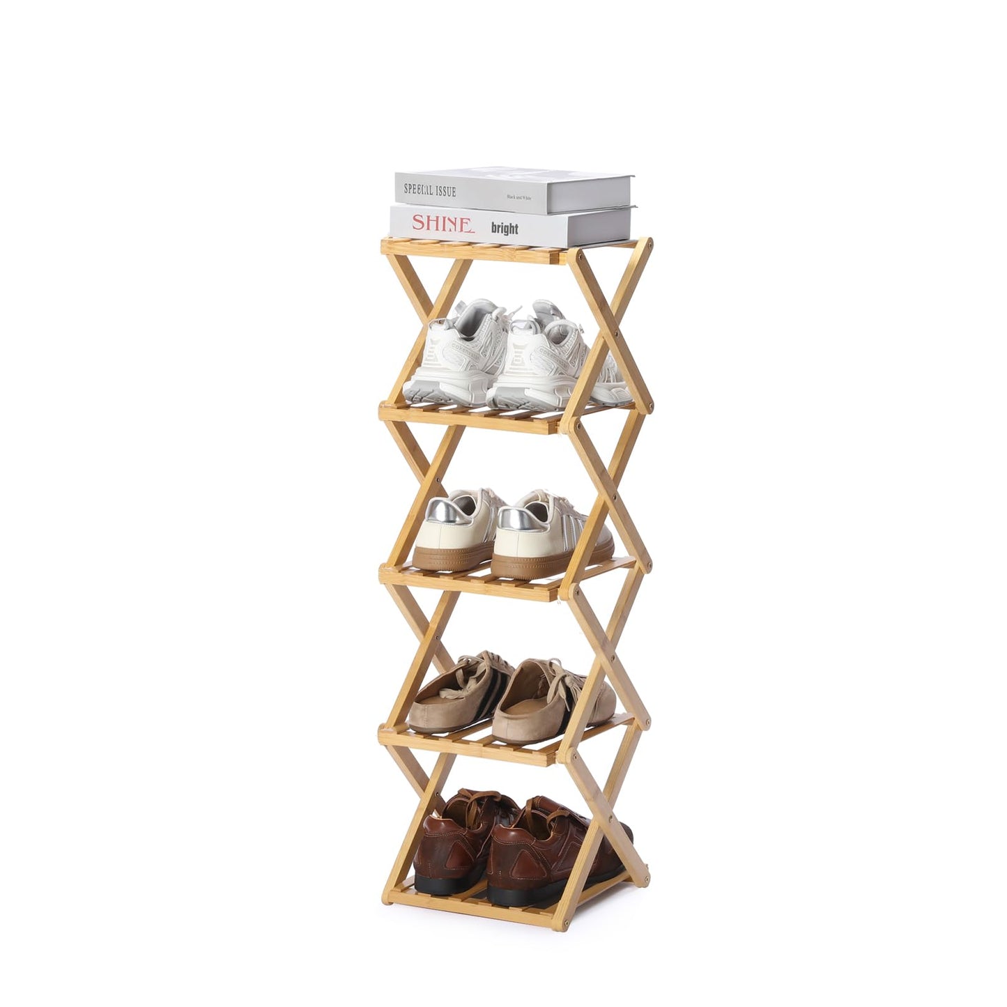 Foldable Shoe Rack - Multi-Tier Bamboo Shoe Rack for Entryway, Living Room, Kitchen, Closet - Space Saving Organizer for Shoes, Books, Cookware - Sturdy & Eco-Friendly Design, Easy Assembly(5 Layers)