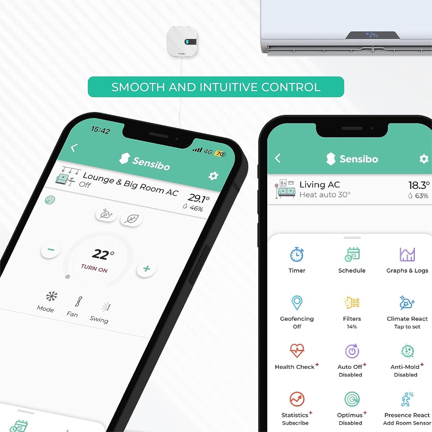 Sensibo Air - Smart Air Conditioner Controller. Apple HomeKit Certified. 60-Seconds Installation. Maintains Comfort and Energy Saving Features. Compatible with Google, Alexa, Apple HomeKit & Siri
